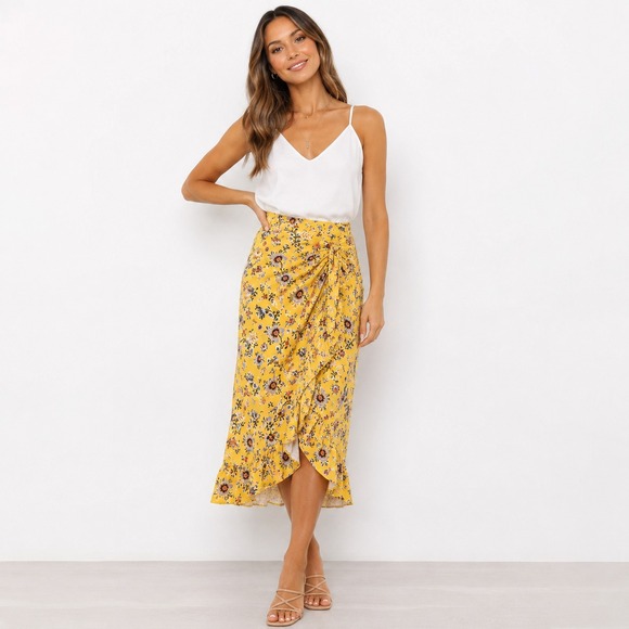 Max Studio Dresses & Skirts - New Max Studio Wrap Skirt Womens XL Yellow Floral Ruffle Midi Romantic Cottage